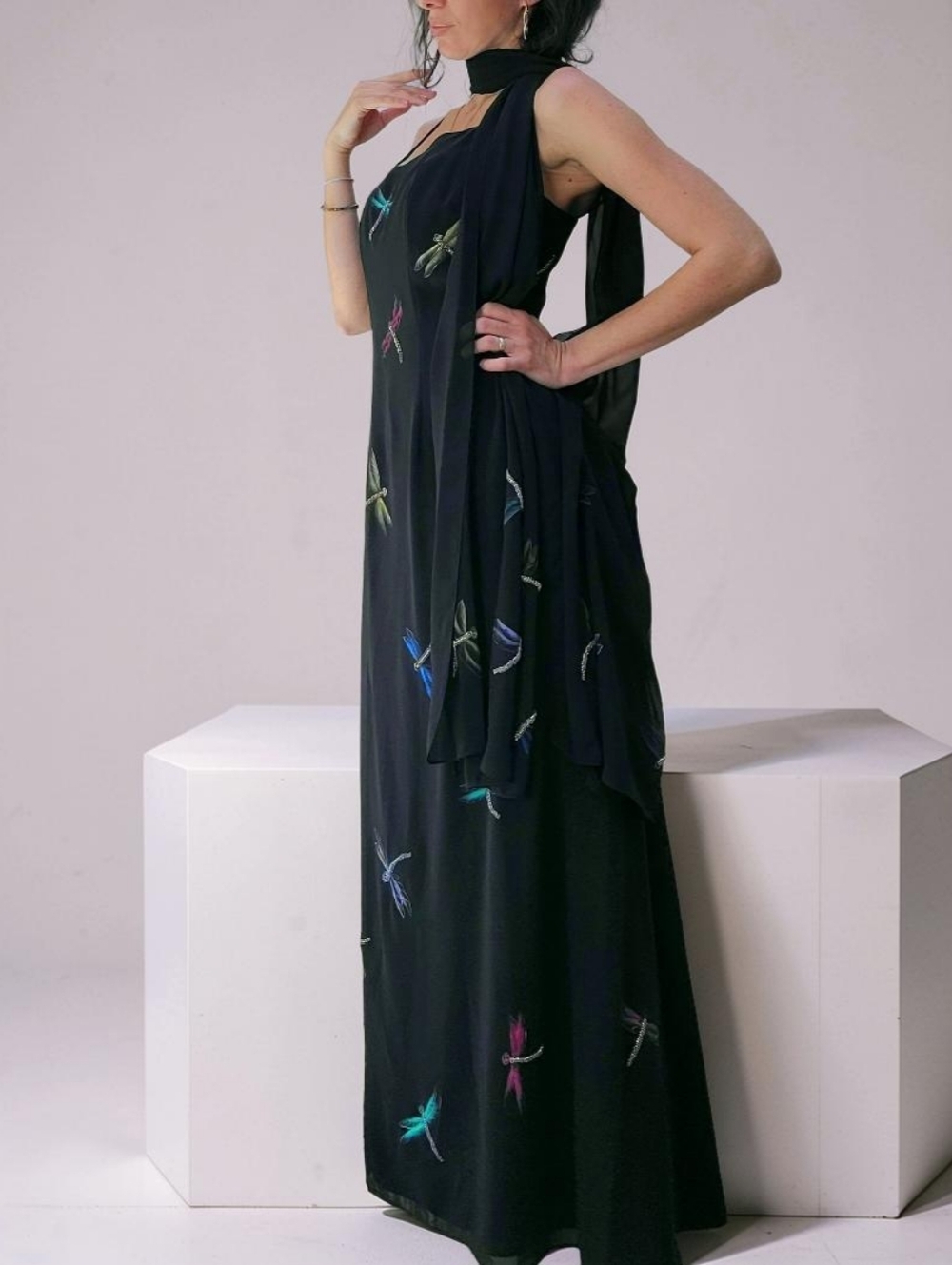 NWOT Cassandra Stone Elegant Black Dragonfly Maxi Dress With Matching Scarf - Picture 3 of 16